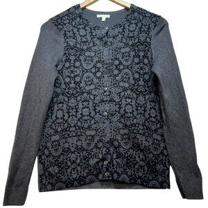 Croft & Barrow Women's Button Up Cardigan Long Sleeve Size S Gray Black Damask